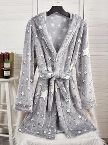 男士柔软法兰绒星形图案睡袍，舒适休闲家居服，秋冬 - 灰色 - 查看 3