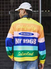 PAVTROS Manfinity Streetrush Striped & Letter Print Casual Fashionable Versatile Long Sleeve Hoodie For Men, Jerseys Streetwear, Mens Jersey Style, Vintage Jersey Men