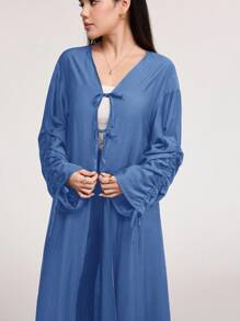 Veilorie Zestaw 2 szt. dla kobiet w jednolitym kolorze, z długim rękawem i sznurkiem, wiązanie z przodu, długi top i spodnie, swobodny ubiór - Niebieski - Zobacz 7