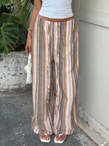 SHEIN EZwear 度假休闲彩色条纹梭织阔腿女裤 - 粉色 - 查看 4