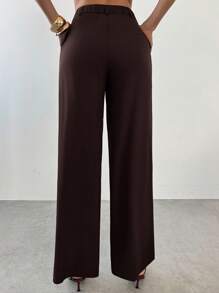 Firerie Women Elegant Mocha Brown Bamboo Textured Wide-Leg Comfortable High-Waisted Trousers/Pants,Graduation,Teacher Outfits For Women,Back To School,Elegant Going Out Tops,Back To School,Grunge Clothes, Fall Clothes Women,Teacher Outfits - Khaki - View 5