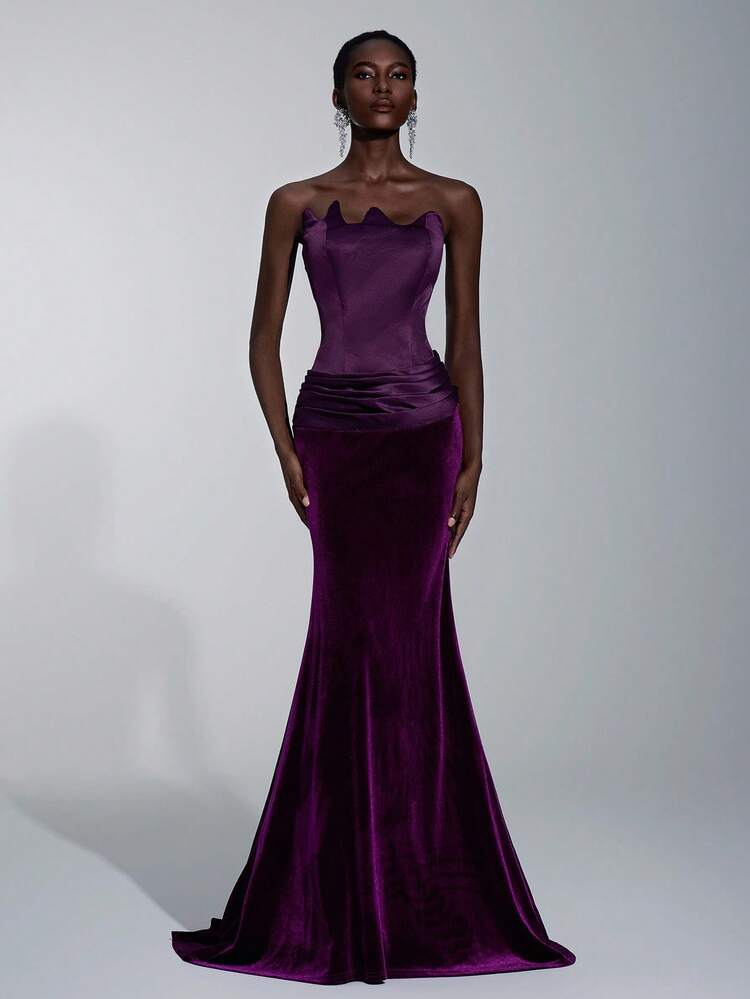 Elitara Elegante e semplice abito da sera in velluto viola scuro con inserti in raso di lusso, scollo asimmetrico, coda di pesce e gonna plissettata, adatto per occasioni formali delle donne - Viola - Visualizzare 5