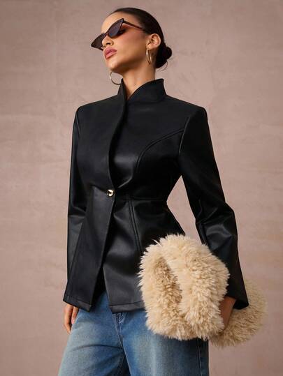 Lumalex Blazer de mujer de manga larga con cuello alto, ajustado en la cintura, de cuero brillante con hebilla de metal, para invierno y otoño. Chaqueta de cuero negra para mujer, blazer negro de traje para mujer de lujo, ideal para fiestas, reuniones, banquetes, ocasiones modestas, fiestas de Año Nuevo, fiestas de Eid al-Adha, vacaciones, festivales, bodas y días fríos de otoño.