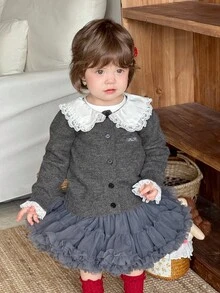 DAZY Baby Girls' Peter Pan Collar Letter Embroidery Contrast Color Casual Cute Cardigan Fall,Winter Toddler Girls Clothes - Light Grey - View 3