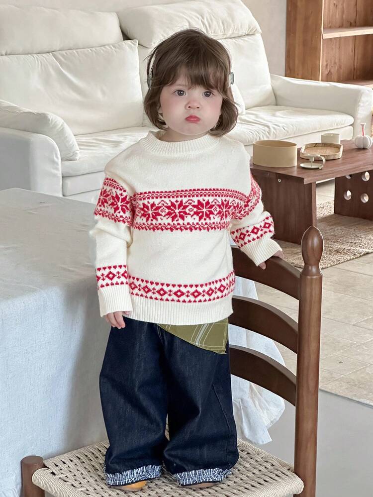 Toddler Girls' Round Neck Christmas Atmosphere Knit Sweater, Korean Style, Autumn/Winter