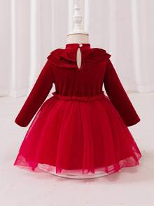 Glamorique Kids Baby Girls' Long Sleeve Dress,Mesh Patchwork Puff Ruffle Collar,Dark Red Autumn Elegant Birthday Christmas Dress Fall Winter,Cute And Sweet - Red - View 2