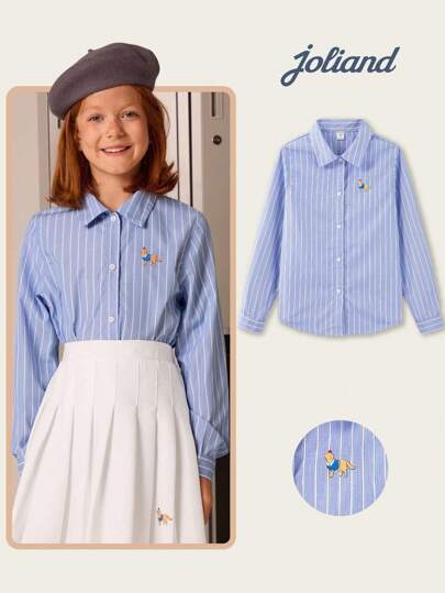 Joliand 1pc Tween Girls Elegant Academic Casual City Cute Puppy Decor Versatile Blue & White Striped Long Sleeve Collared Shirt, Suitable For Travel, Party, Back To School, Summer, Autumn, Winter Back To School  School  Clothes School Supplies ColorfulJoy