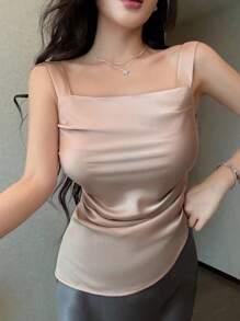 SHEIN LUNE Women Solid Color Pleated Slim Fit Camisole For Summer - Dusty Pink - View 6