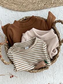 SHEIN LMoss Kids LMoss Baby Girl 3pcs Baby Girl Knitted Striped Collar Casual T-Shirt Set Baby Girl Long Sleeve Shirt Baby Girl Knit Top Baby Girl Long Sleeve Top Baby Girl Striped Shirt Baby Girl Casual Top Fall Winter