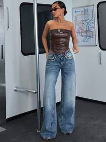 RueChic 女士低腰阔腿牛仔裤 - 淺色水洗藍 - 查看 4