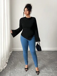 Elenzga Plus Size Women's Solid Color Frill Trim Flare Sleeve Side Drawstring Fashionable T-Shirt Fall Cloth For Women