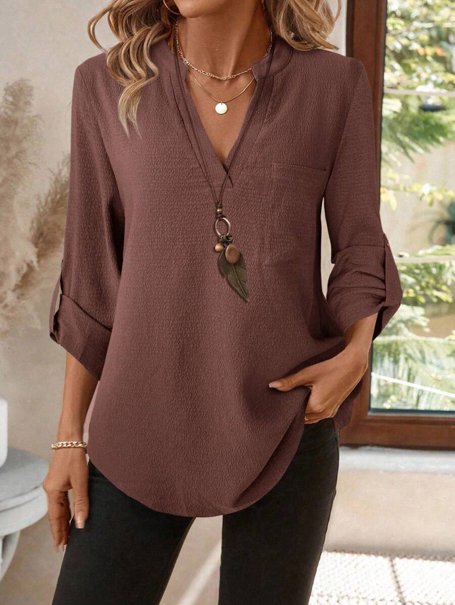 EMERY ROSE 女士V领纯色纹理面料休闲夏季衬衫 白色V领女式衬衫 女士衬衫 女士亚麻衬衫 女士白色衬衫上衣 女士秋季服装 商务休闲女士纽扣衬衫 女士纽扣衬衫 女士棕色V领上衣 女士棕色衬衫 女士V领衬衫 女士咖啡棕色上衣 女士棕色V领衬衫 女士时尚休闲衬衫 - 紅木色 - 查看 1