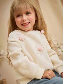 Loomiva 少女花卉图案针织柔软圆领长袖套头衫 - 白色 - 查看 6