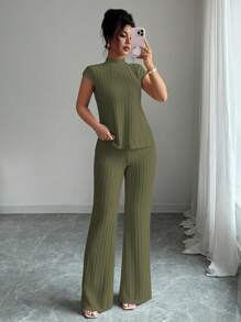 Elenzga 2件套休闲纯色罗纹侧开叉上衣和裤子套装 - 軍綠色 - 查看 5