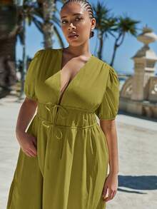 Maija 大码女式纯色休闲优雅深 V 领公主袖泡泡袖短袖腰褶长裙，夏季海滩，优雅，商务休闲 - 橄欖綠 - 查看 5