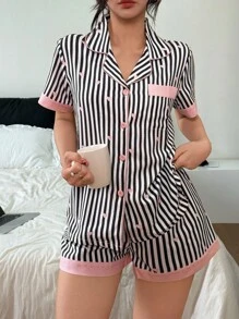 Button-Up Women's Short Sleeve Striped Pajamas With Comfortable Regular Fit And Collar Women Short Sets Pajama Short Set Summer Pj Set Short Pj Set Striped Pajama Set Pjs - Black - View 3