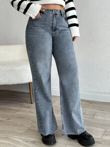 EURMUSE HIGH RISE FRAYED HEM STRAIGHT VUT PLUS SIZE JEAN - Medium Wash - View 3