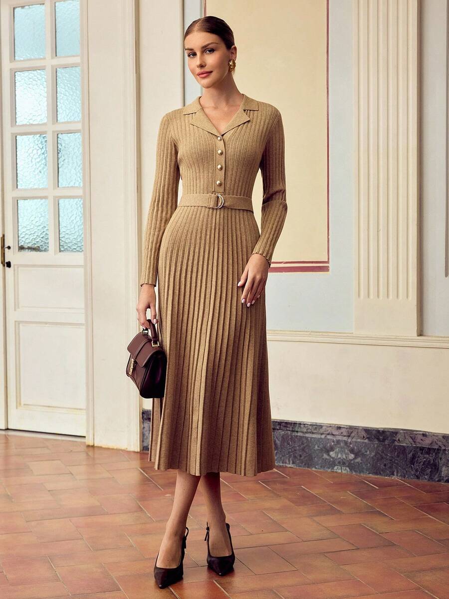 ZEYLAH Women's Solid Color Half-Zip Long Sleeve Pleated Sweater Dress Fall /Winter Clothes