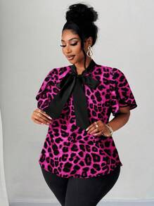 Maweii Women's Plus Size Elegant Romantic Heart Print Blouse With Bow Collar, Ruffle Trim And Contrast Color Edges, New Spring/Summer Design For Dates And Parties - Multicolor - View 3