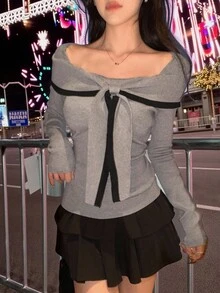 DAZY 女士蝴蝶结撞色露肩优雅淑女长袖毛衣，秋冬 - 灰色 - 查看 3