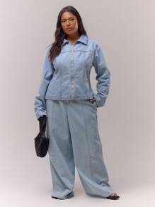 MUSERA Plus 超漂白灯笼裤，褶裥设计，可爱假日优雅高贵酷女孩休闲居家牛仔裤，女士款 - 藍色 - 查看 5