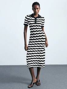 Maija 2025 Black & White Contrast Color Knitted Long Dress For Women Black And White Dress Women Knit Dress Women Polo Dress Mod Dress Autumn And Winter Women's Dress Featuring Artistic Stripes, Geometric Shapes, And A Unique Designer Style-An Ideal Choice For Halloween Parties. - Black and White - View 5