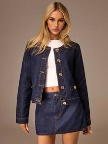 Avantive 女士时尚休闲圆领纽扣牛仔夹克