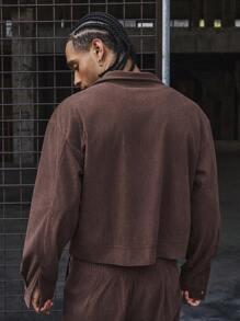 PAVTROS 男士休闲短翻领灯芯绒衬衫和阔腿裤套装，秋季服装，舒适穿搭 - 棕色 - 查看 2