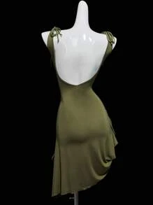 SHEIN ICON Backless Tie-Up Versatile Hem Mini Dress, Fitted - Dark Green - View 8