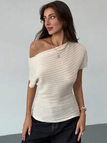 Aloruh 女士纯色不对称肩部休闲短袖时尚百搭上衣，适合秋季、返校、返校节、商务休闲场合穿着。 - 卡其色 - 查看 5