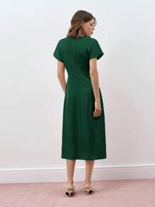 Maija Women's Plain Round Neck Short Sleeve Casual Fitted Shirred Waist Mid-Length Dress, Holiday, Business Casual, Satin Dress, Elegant Dress - Dark Green - View 4