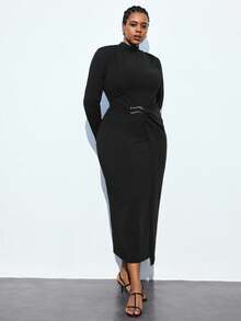 Maija 大码女式黑色不对称设计金属装饰百搭现代都市休闲时尚连衣裙，适合节日、派对，优雅都市时尚休闲，黑色缎面蝴蝶结肩带结构休闲商务装，低调复古氛围高端都市通勤风格，杂志编辑同款都市社交节日派对装，迷人低调基本百搭连衣裙，休闲咖啡厅街头长款超长连衣裙 - 黑色 - 查看 1