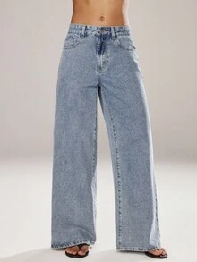 SHEIN ICON 休闲水洗宽松阔腿牛仔裤 - 淺色水洗藍 - 查看 6