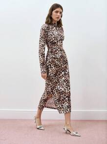 Maija Women's Leopard Print Stand Collar Long Sleeve Hollow-Out Waist Mid-Length Dress,Festival - Brown - View 3