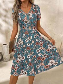 SHEIN Clasi V-Neck Button Red Floral Print Waist Cinched Women Dress,Spring Dress,Valentine Day Dress,Casual - Dusty Blue - View 4