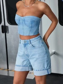 SHEIN Cottnline Denim High Waist Mini Summer Short Folded Hem - Light Wash - View 3