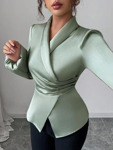 Elenzga 女式秋季编织不对称荷叶边收腰灯笼袖优雅休闲衬衫 - 綠色 - 查看 3