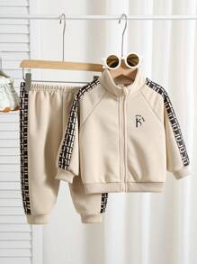 2pcs Baby Boy/Girl Casual Sports Outfit, Loose Fit Letter Graphic Print Decor Zip-Up Jacket And Pants Set, Suitable For Outings, School, Daily Gatherings, Autumn/Winter Back To School Outfits, Fleece Thickened Fall - Multicolor - View 9