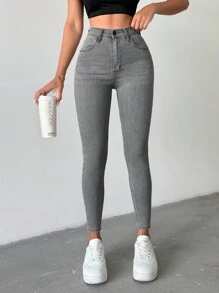 EURMUSE 97% Cotton Women Fashion Simple Design Summer Solid Skinny Jeans - Medium Wash - View 5