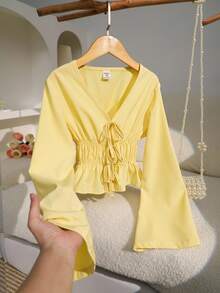 SHEIN Tween Girls' Sweet French Style Solid Color V-Neck Detachable Bow Waist Flare Sleeve Blouse, Suitable For Dates And Daily Wear Fall Winter - Yellow - View 7