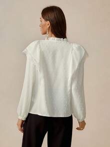 Florisole Ivory Jacquard Textured Floral Embroidery Short Sleeve Women Blouse - White - View 2