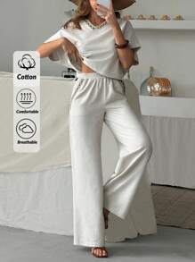 EURMUSE 女士民族风亚麻衬衫和裤子两件套