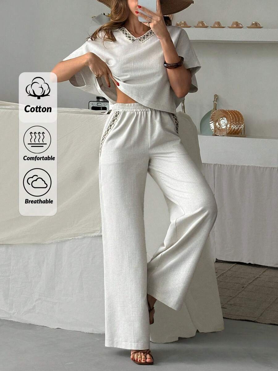 EURMUSE 女士民族风亚麻衬衫和裤子两件套