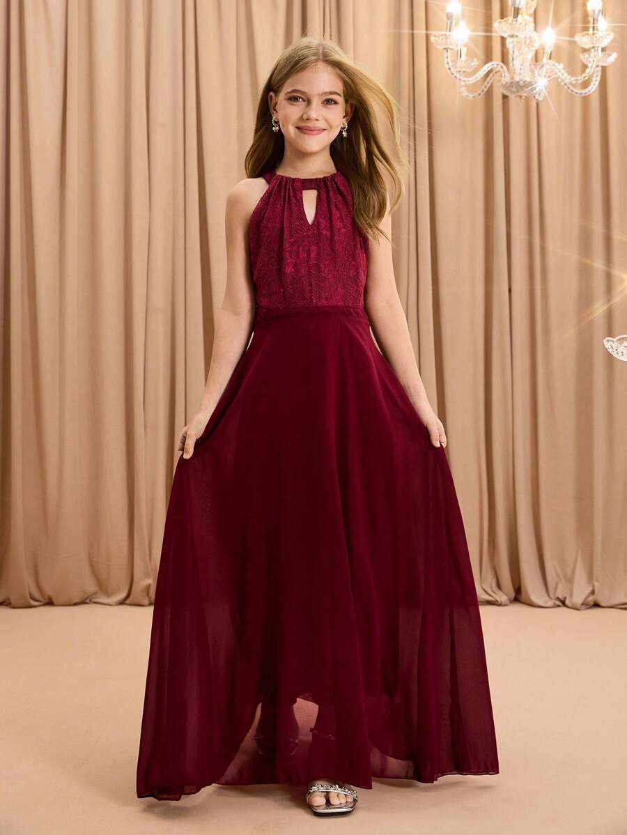 Elegant Luxurious Burgundy Round Neck Halter Long Fitted Mesh Dress For Tween Girl, Suitable For Evening Party, Wedding, Birthday, Holiday, Back To School, Christmas, Halloween And Other Occasions - Burgundy - View 1