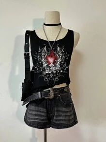 Attitoon Women's Casual Punk Heart Pattern Loose Tank Top Back To School - Black - View 6