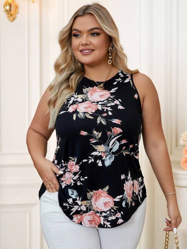 Reflora Plus Size Floral Printed Curved Hem Tank Top