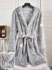 男士柔软法兰绒星形图案睡袍，舒适休闲家居服，秋冬 - 灰色 - 查看 1