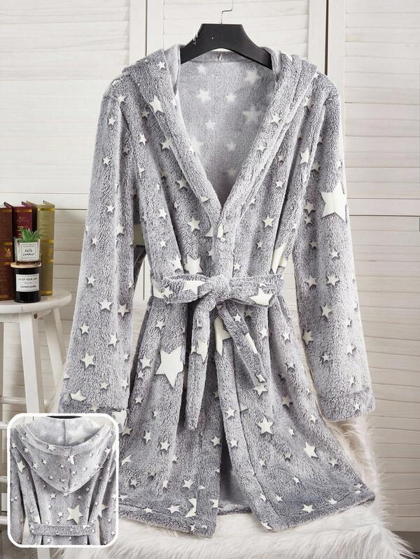 男士柔软法兰绒星形图案睡袍，舒适休闲家居服，秋冬