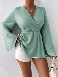 SHEIN LUNE VCAY女士深V領後綁帶聚集腰部特殊夏季面料上衣 - 綠色 - 查看 5