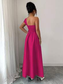 Lyxana Women's Elegant Solid Color Asymmetric Collar Long Dress - Hot Pink - View 2